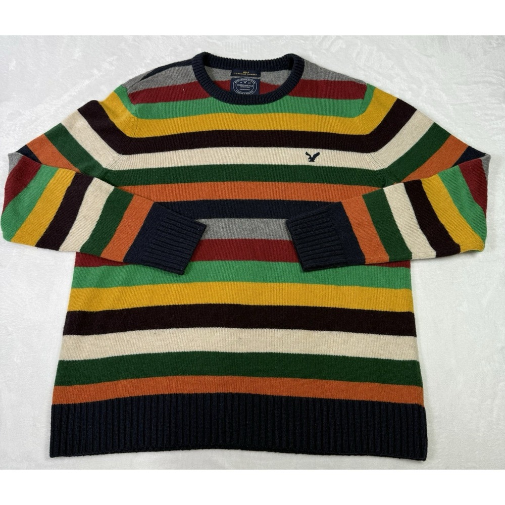 American Eagle Sweater Athletic Fit‎ Mens Large Wool Blend Stripe Rainbow